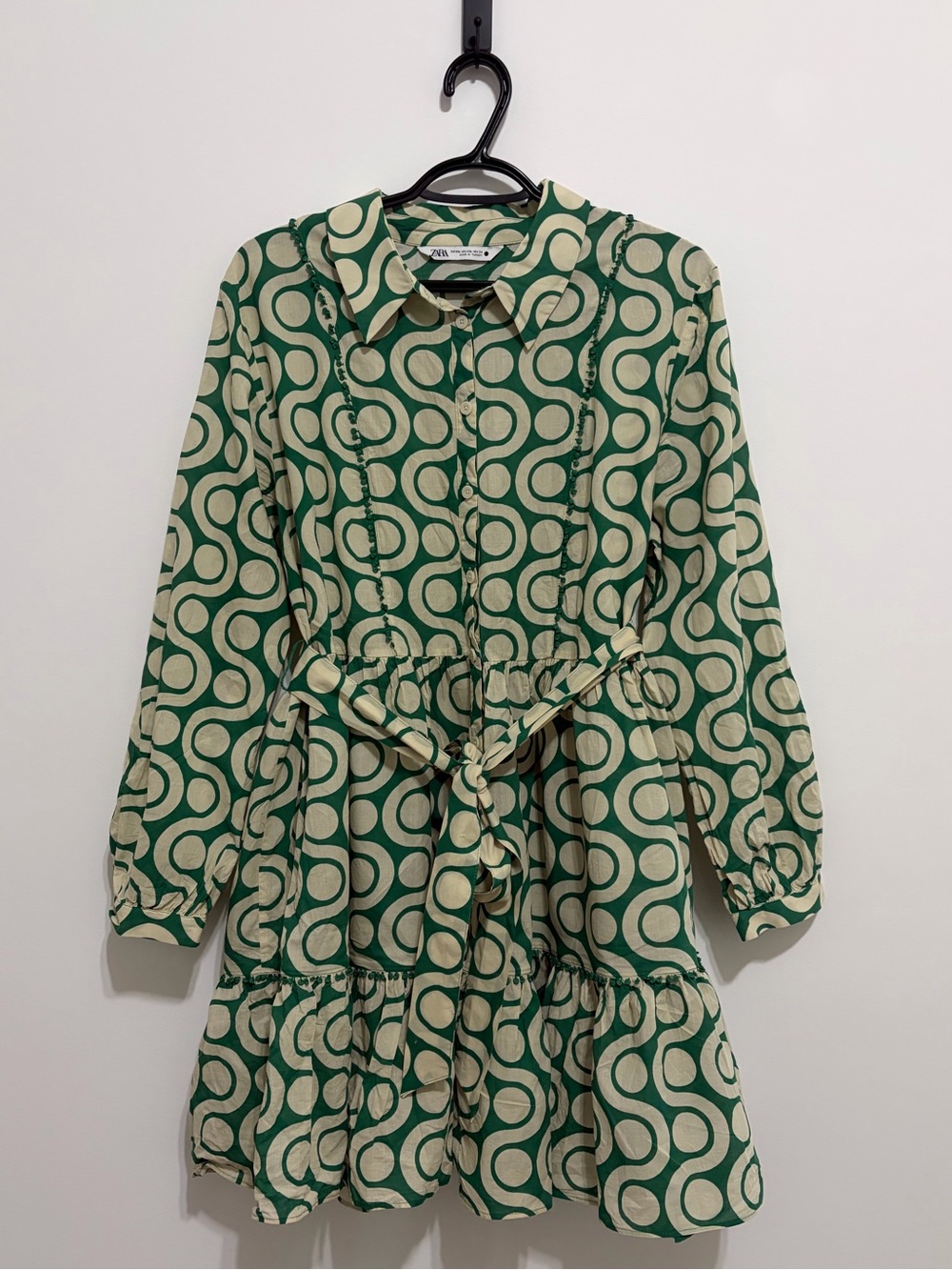 Zara Geometric Tie-Waist Long Sleeve Mini Dress - 100% Cotton